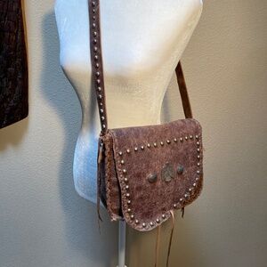 Vintage Distressed Leather Studded  Crossbody Saddle Bag.